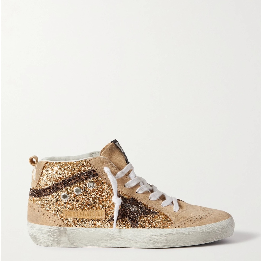 GOLDEN GOOSE MIDSTAR GOLD/BROWN GLITTER and SUEDE